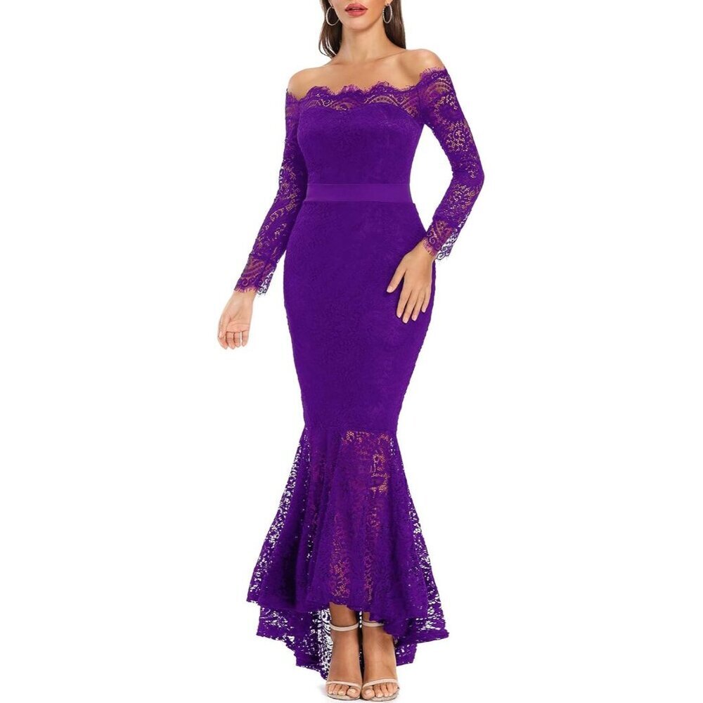 Women's Purple Floral Lace Long Sleeve Off Shoulder Wedding Mermaid Dress